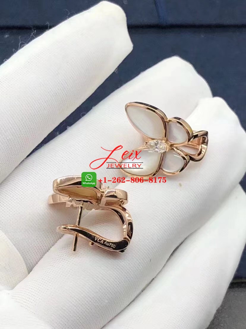 Van Cleef & Arpels Two Butterfly 18k Pink Gold Mother of Pearl and Diamond Earrings (2) Van Cleef & Arpels Two Butterfly 18k Pink Gold Mother of Pearl and Diamond Earrings