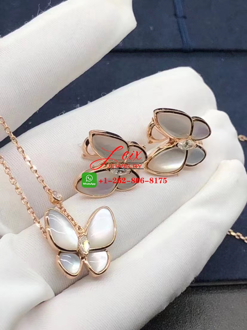 Van Cleef & Arpels Two Butterfly 18k Pink Gold Mother of Pearl and Diamond Earrings and necklace jewelry set Van Cleef & Arpels Two Butterfly 18k Pink Gold Mother of Pearl and Diamond Earrings and necklace jewelry set