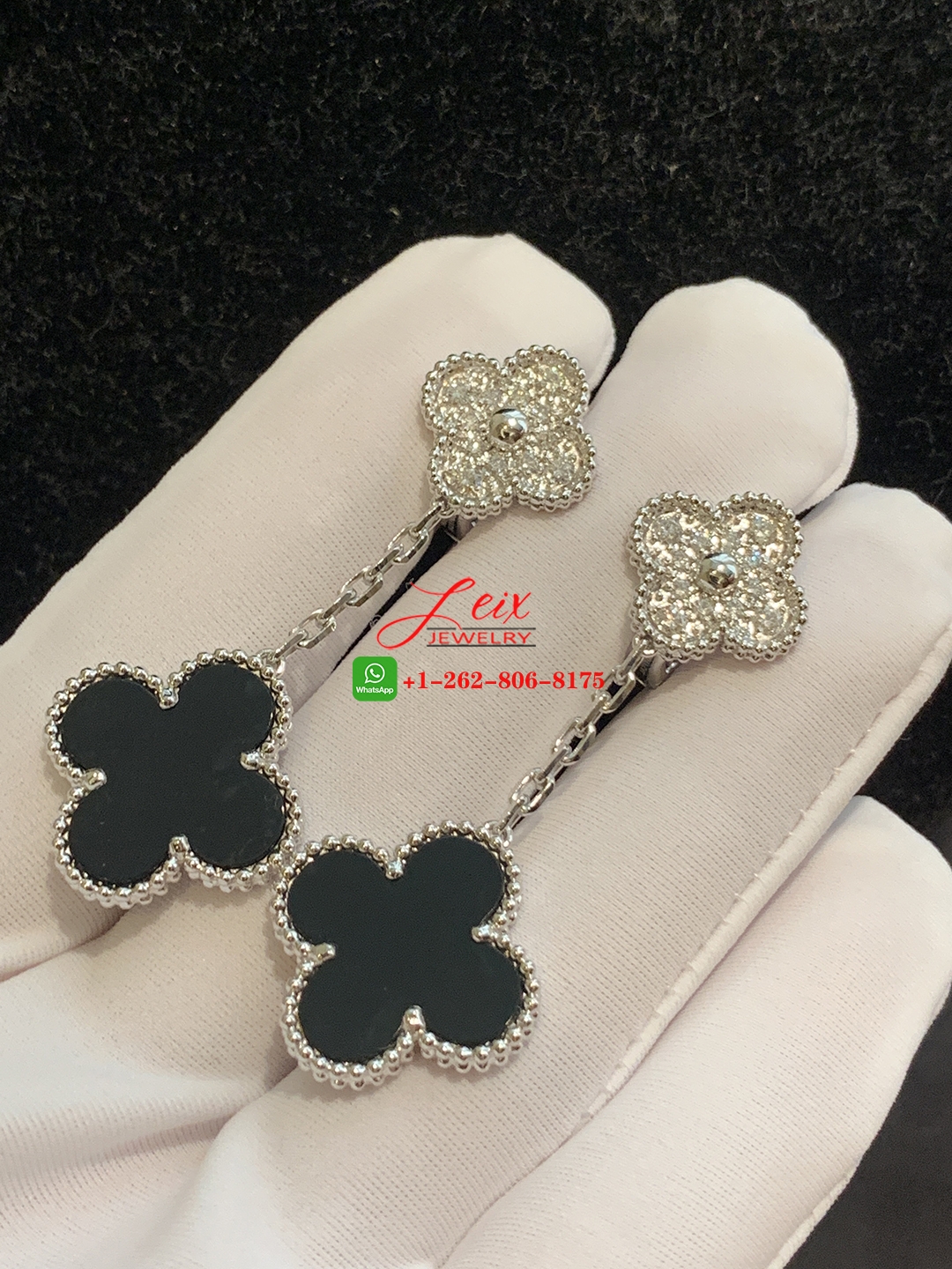 Van Cleef Magic Alhambra 2 Motif Onyx & Diamond Earrings in 18K White Gold (1) Van Cleef Magic Alhambra 2 Motif Onyx & Diamond Earrings in 18K White Gold