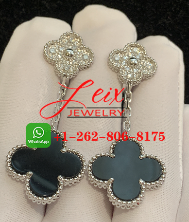 Van Cleef Magic Alhambra 2 Motif Onyx & Diamond Earrings in 18K White Gold (1) Van Cleef Magic Alhambra 2 Motif Onyx & Diamond Earrings in 18K White Gold