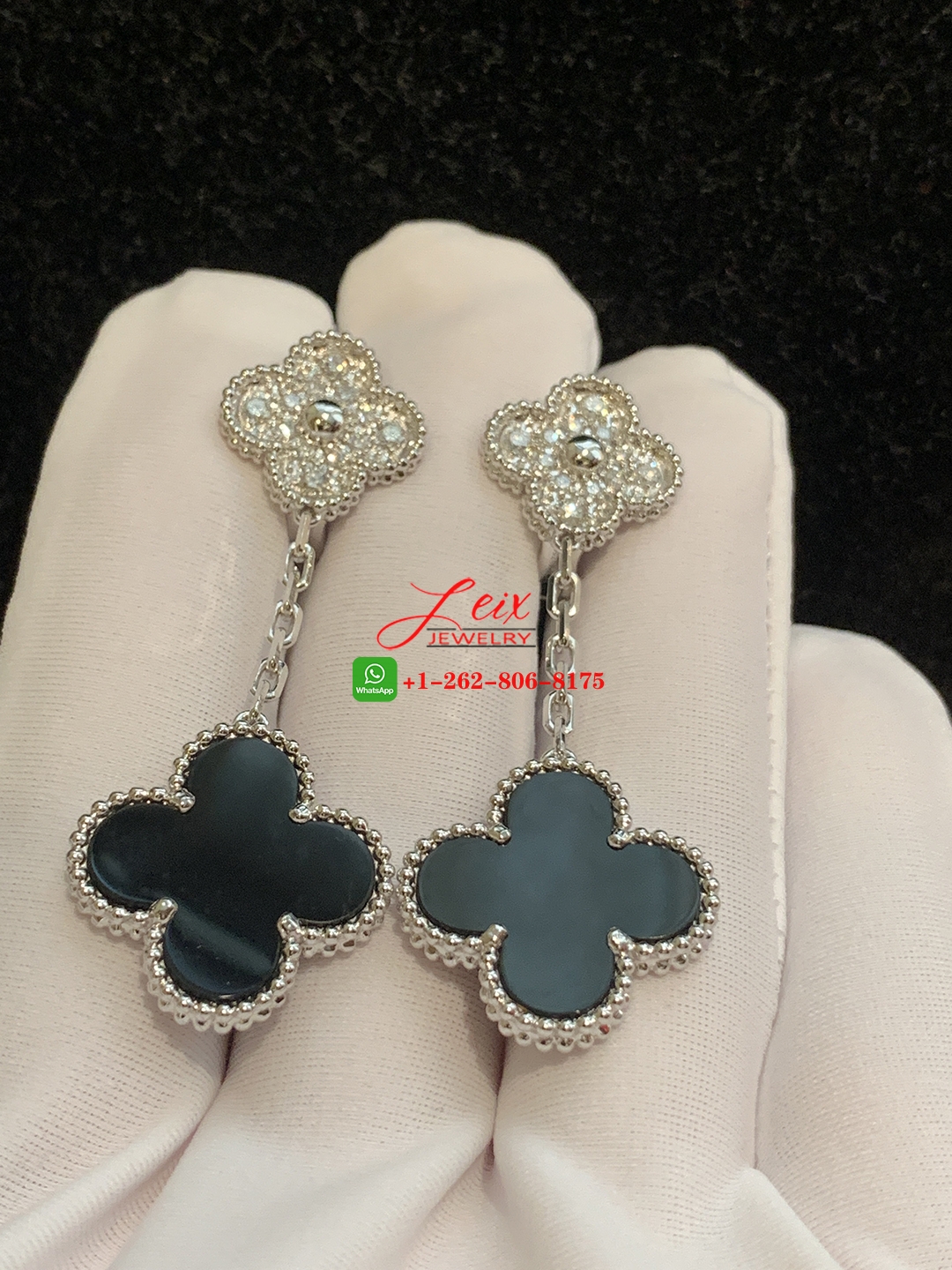 Van Cleef Magic Alhambra 2 Motif Onyx & Diamond Earrings in 18K White Gold (2) Van Cleef Magic Alhambra 2 Motif Onyx & Diamond Earrings in 18K White Gold