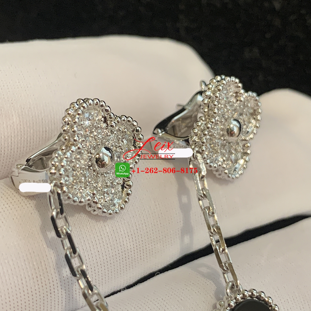 Van Cleef Magic Alhambra 2 Motif Onyx & Diamond Earrings in 18K White Gold (3) Van Cleef Magic Alhambra 2 Motif Onyx & Diamond Earrings in 18K White Gold