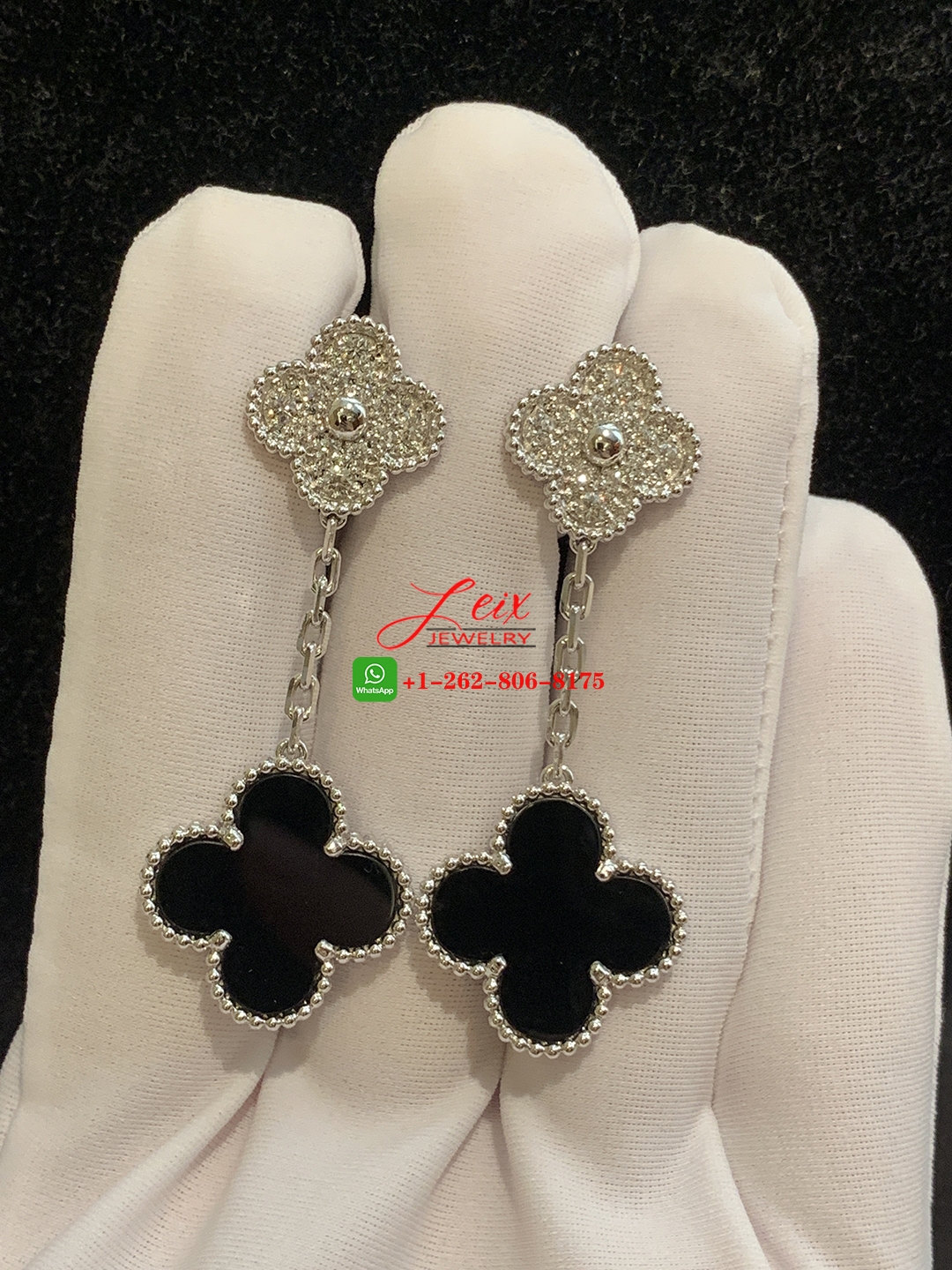 Van Cleef Magic Alhambra 2 Motif Onyx & Diamond Earrings in 18K White Gold Van Cleef Magic Alhambra 2 Motif Onyx & Diamond Earrings in 18K White Gold