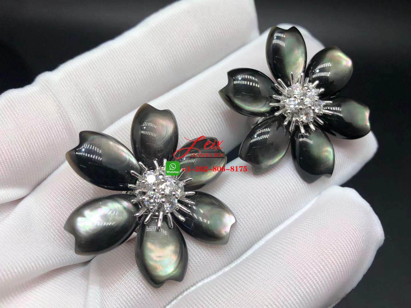 Van Cleef Rose De Noel Grey Mother of Pearl 18K White Gold & Diamond Flower Earrings (1) Van Cleef Rose De Noel Grey Mother of Pearl 18K White Gold & Diamond Flower Earrings