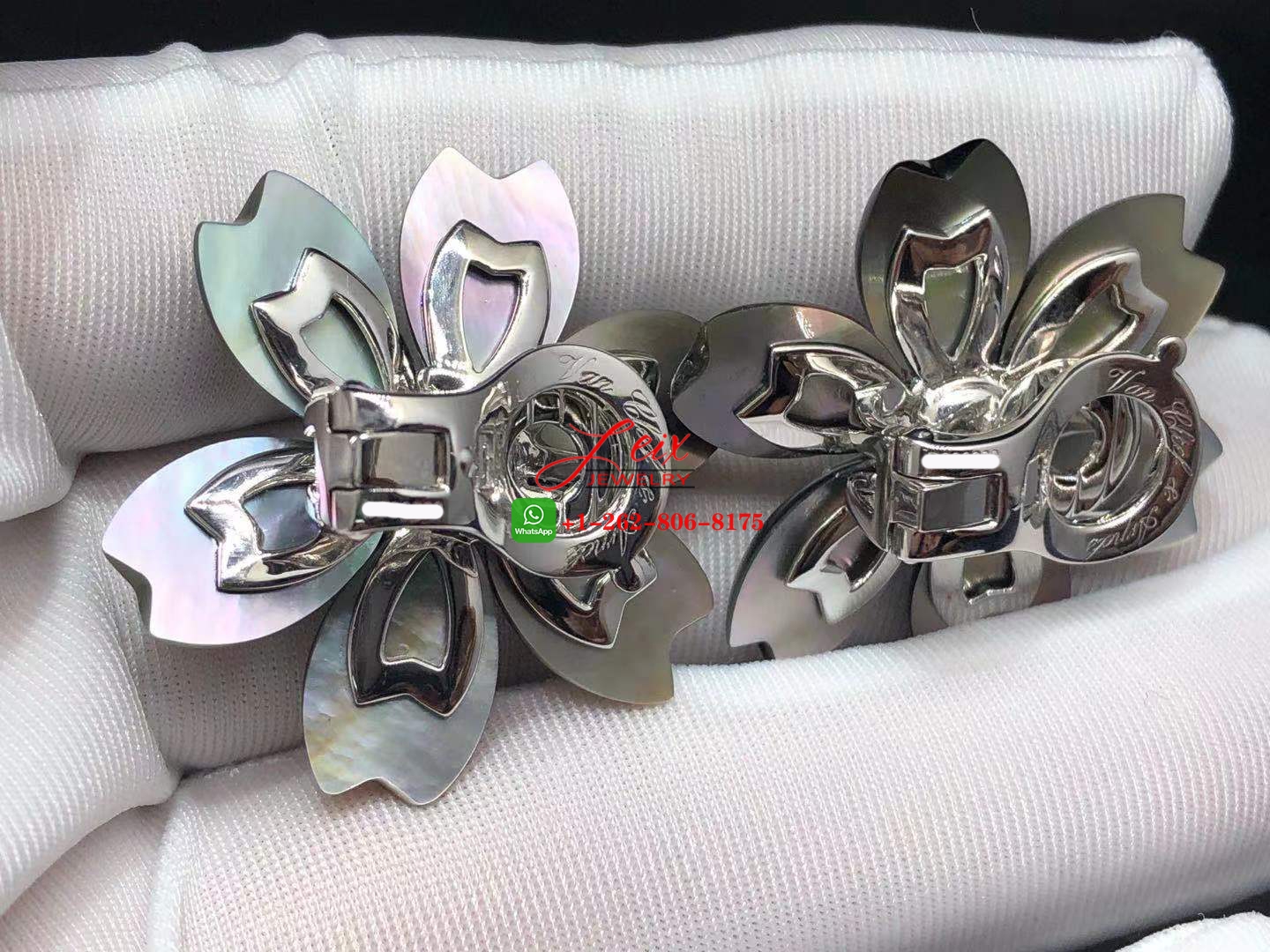 Van Cleef Rose De Noel Grey Mother of Pearl 18K White Gold & Diamond Flower Earrings (2) Van Cleef Rose De Noel Grey Mother of Pearl 18K White Gold & Diamond Flower Earrings