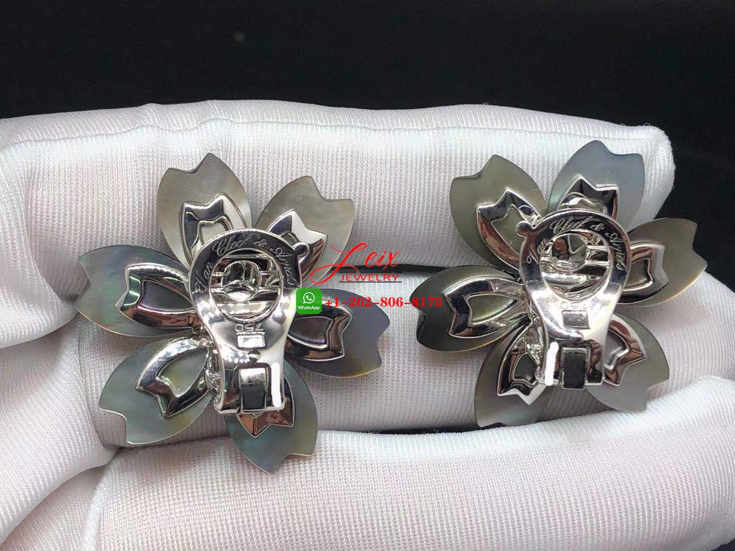 Van Cleef Rose De Noel Grey Mother of Pearl 18K White Gold & Diamond Flower Earrings (3) Van Cleef Rose De Noel Grey Mother of Pearl 18K White Gold & Diamond Flower Earrings