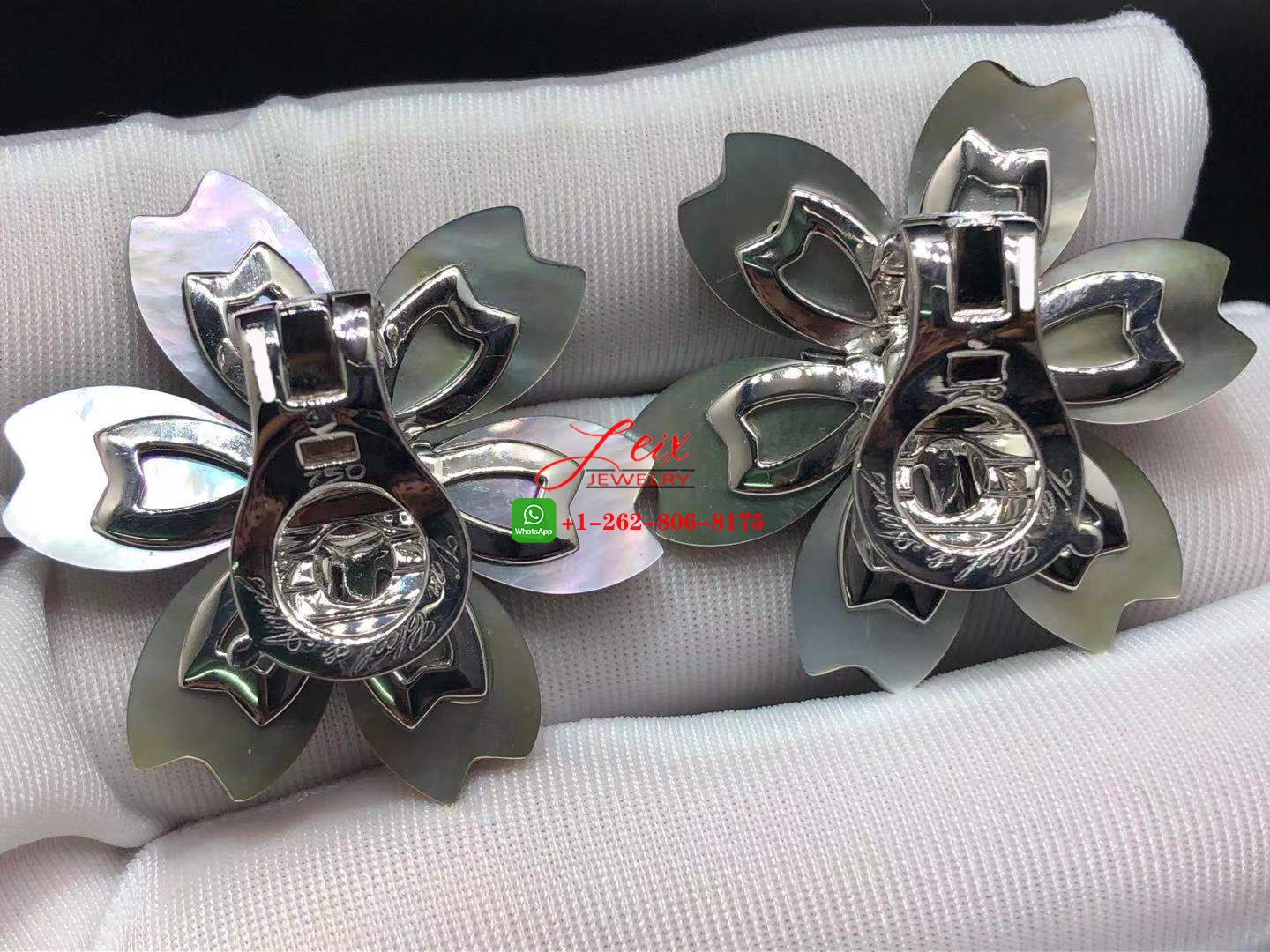Van Cleef Rose De Noel Grey Mother of Pearl 18K White Gold & Diamond Flower Earrings (4) Van Cleef Rose De Noel Grey Mother of Pearl 18K White Gold & Diamond Flower Earrings