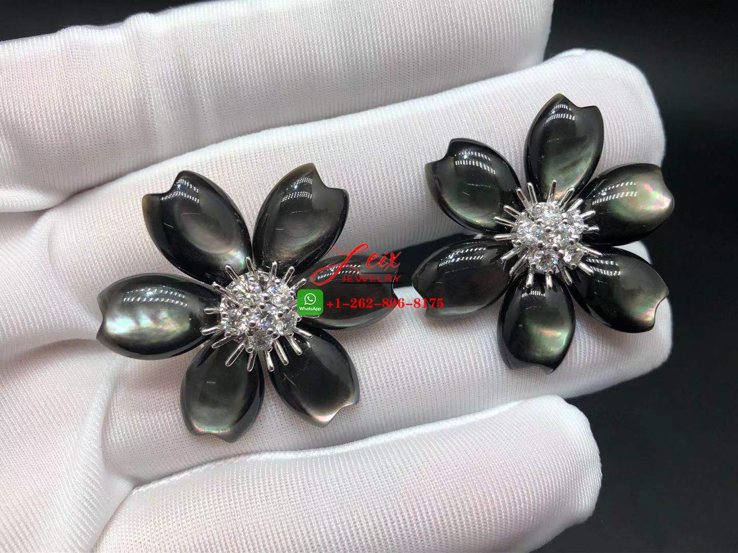 Van Cleef Rose De Noel Grey Mother of Pearl 18K White Gold & Diamond Flower Earrings Van Cleef Rose De Noel Grey Mother of Pearl 18K White Gold & Diamond Flower Earrings