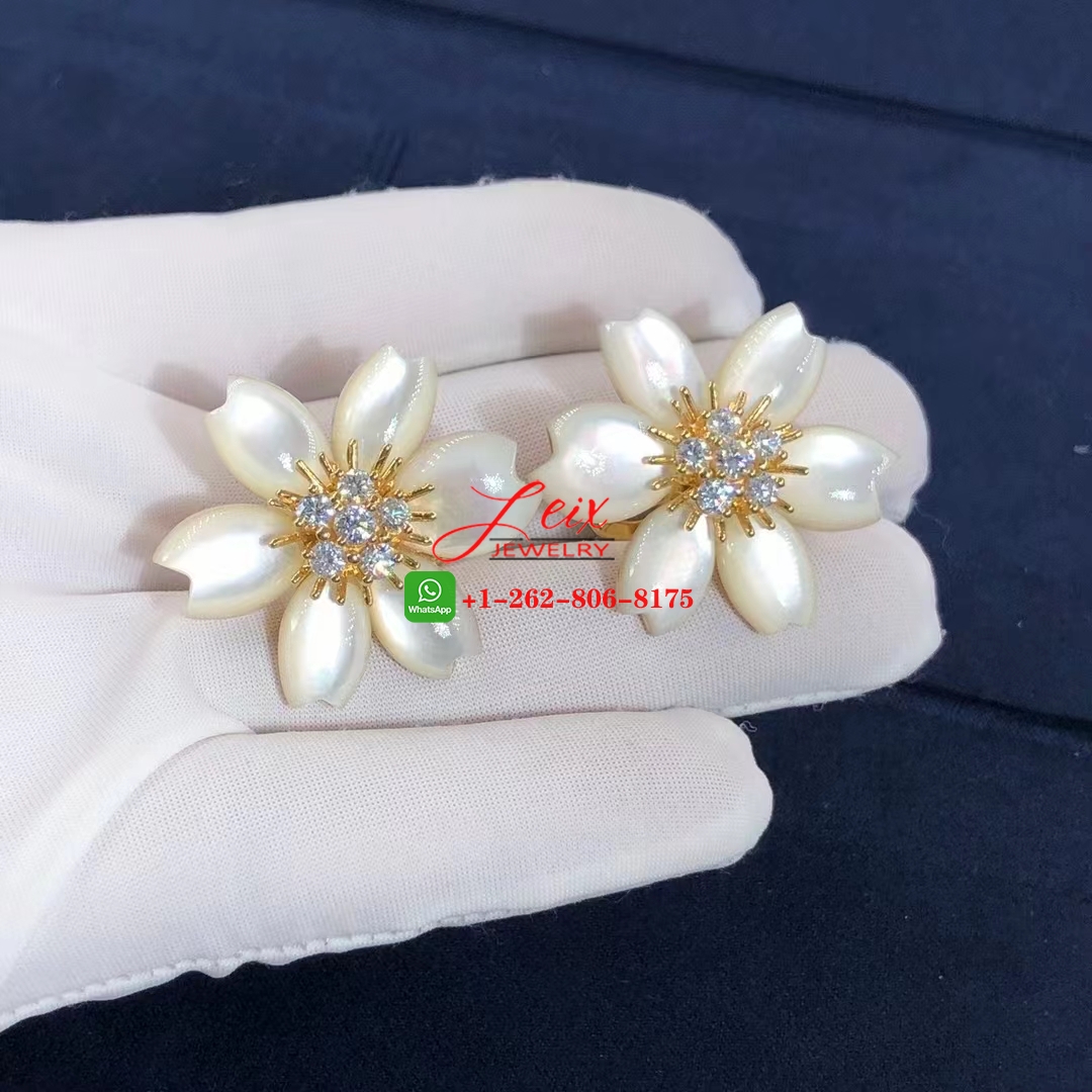 Van Cleef Rose de Noel 18k Yellow Gold Mother-of-Pearl & Diamond Flower Earrings (1) Van Cleef Rose de Noel 18k Yellow Gold Mother-of-Pearl & Diamond Flower Earrings