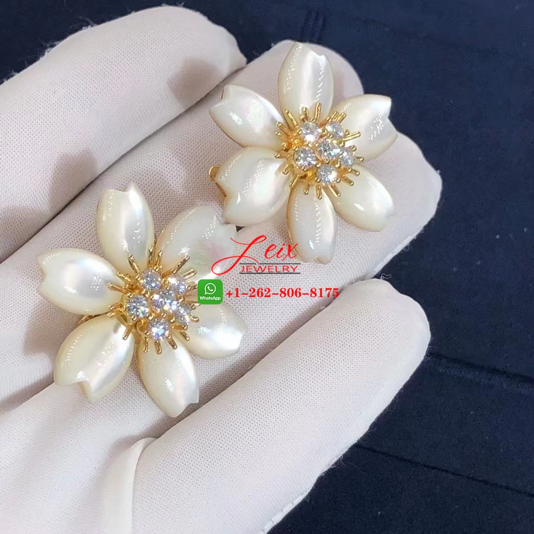 Van Cleef Rose de Noel 18k Yellow Gold Mother-of-Pearl & Diamond Flower Earrings (2) Van Cleef Rose de Noel 18k Yellow Gold Mother-of-Pearl & Diamond Flower Earrings