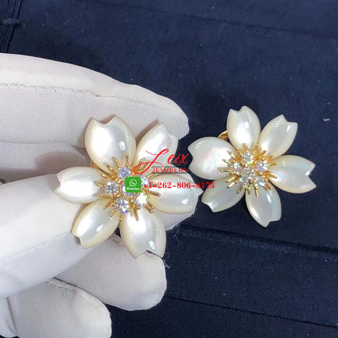 Van Cleef Rose de Noel 18k Yellow Gold Mother-of-Pearl & Diamond Flower Earrings (3) Van Cleef Rose de Noel 18k Yellow Gold Mother-of-Pearl & Diamond Flower Earrings