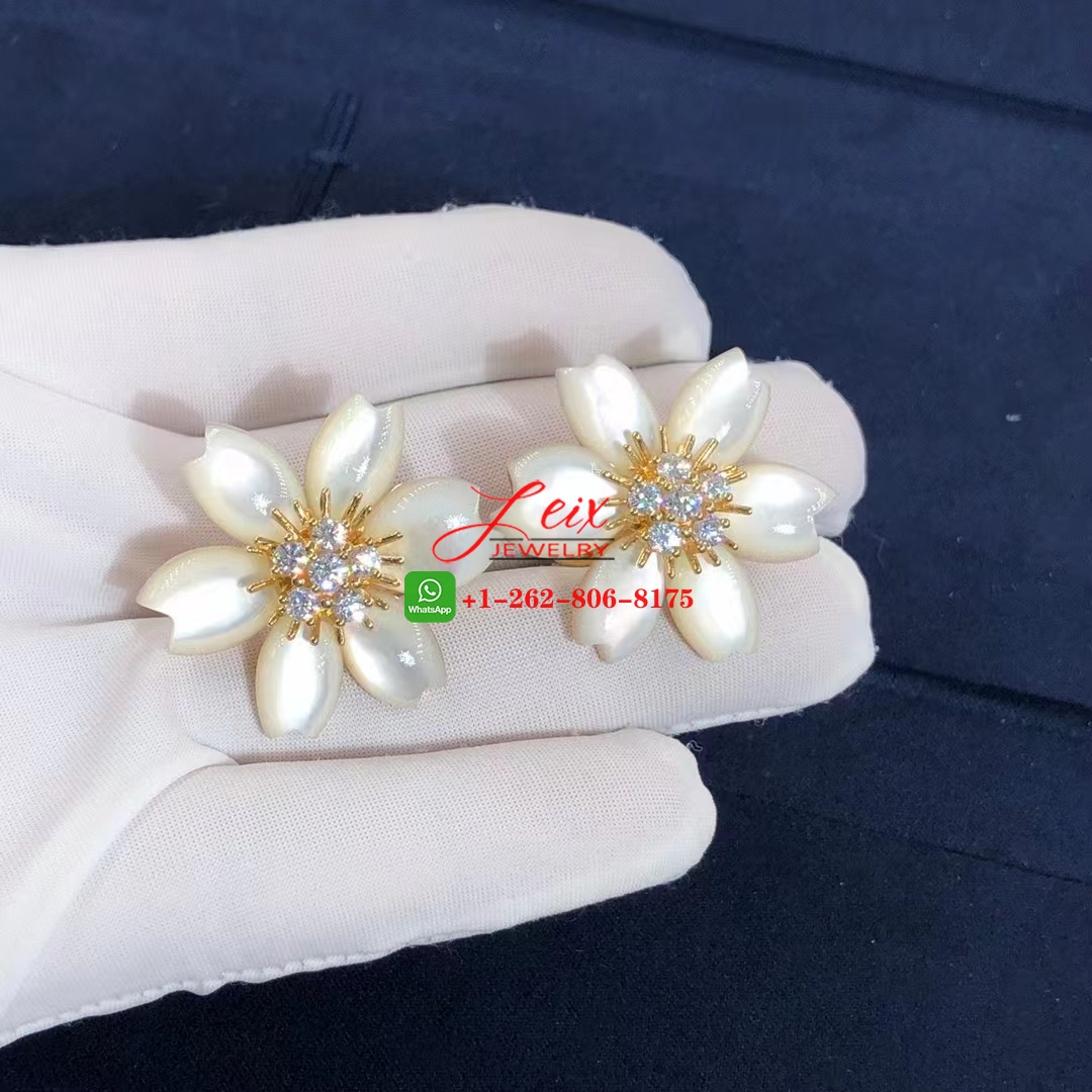 Van Cleef Rose de Noel 18k Yellow Gold Mother-of-Pearl & Diamond Flower Earrings Van Cleef Rose de Noel 18k Yellow Gold Mother-of-Pearl & Diamond Flower Earrings