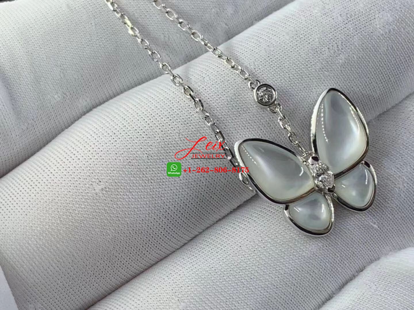 Van Cleef Two Butterfly 18K White Gold Mother of Pearl & Diamond Pendant Necklace (1) Van Cleef Two Butterfly 18K White Gold Mother of Pearl & Diamond Pendant Necklace