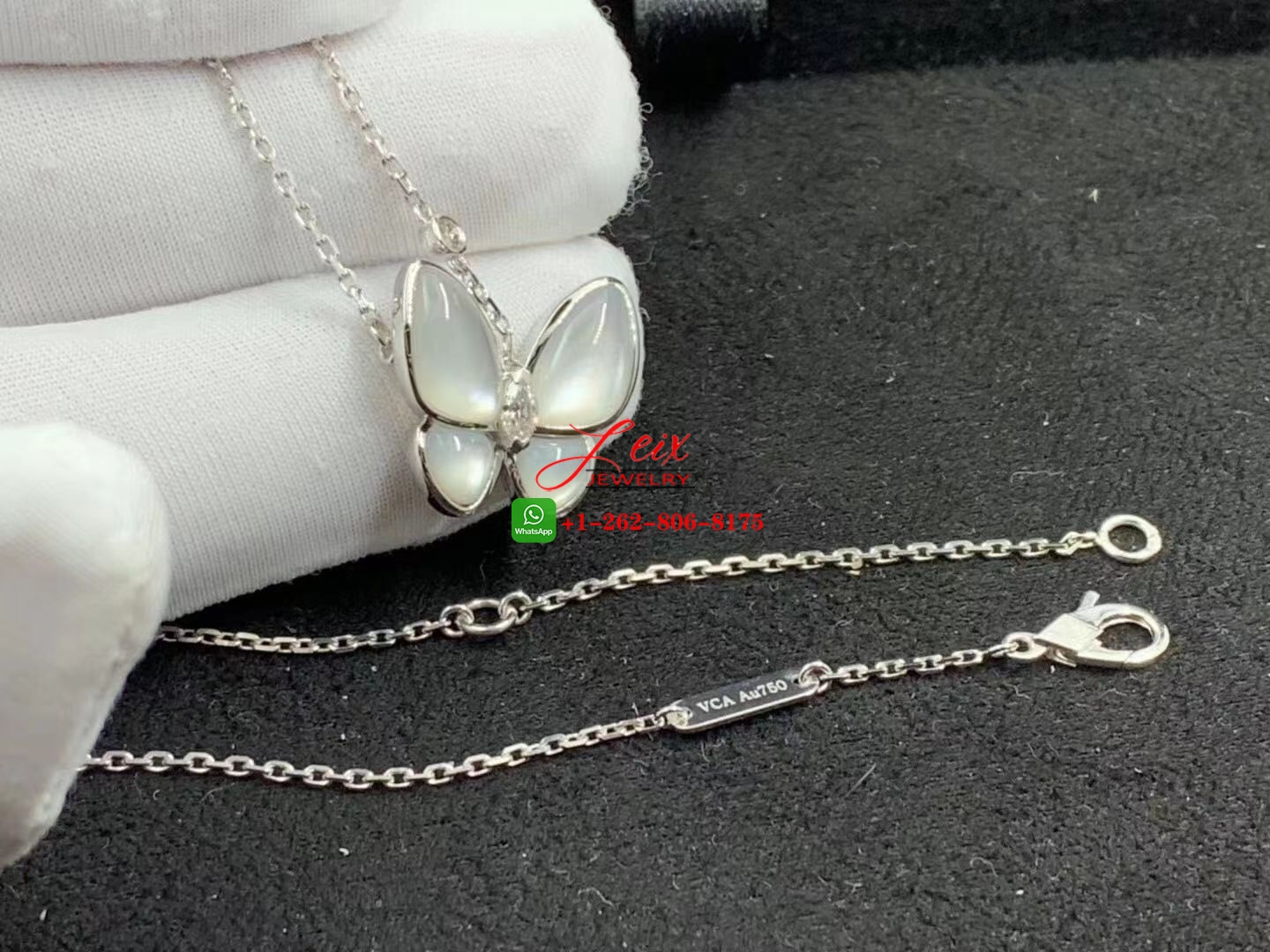 Van Cleef Two Butterfly 18K White Gold Mother of Pearl & Diamond Pendant Necklace (3) Van Cleef Two Butterfly 18K White Gold Mother of Pearl & Diamond Pendant Necklace