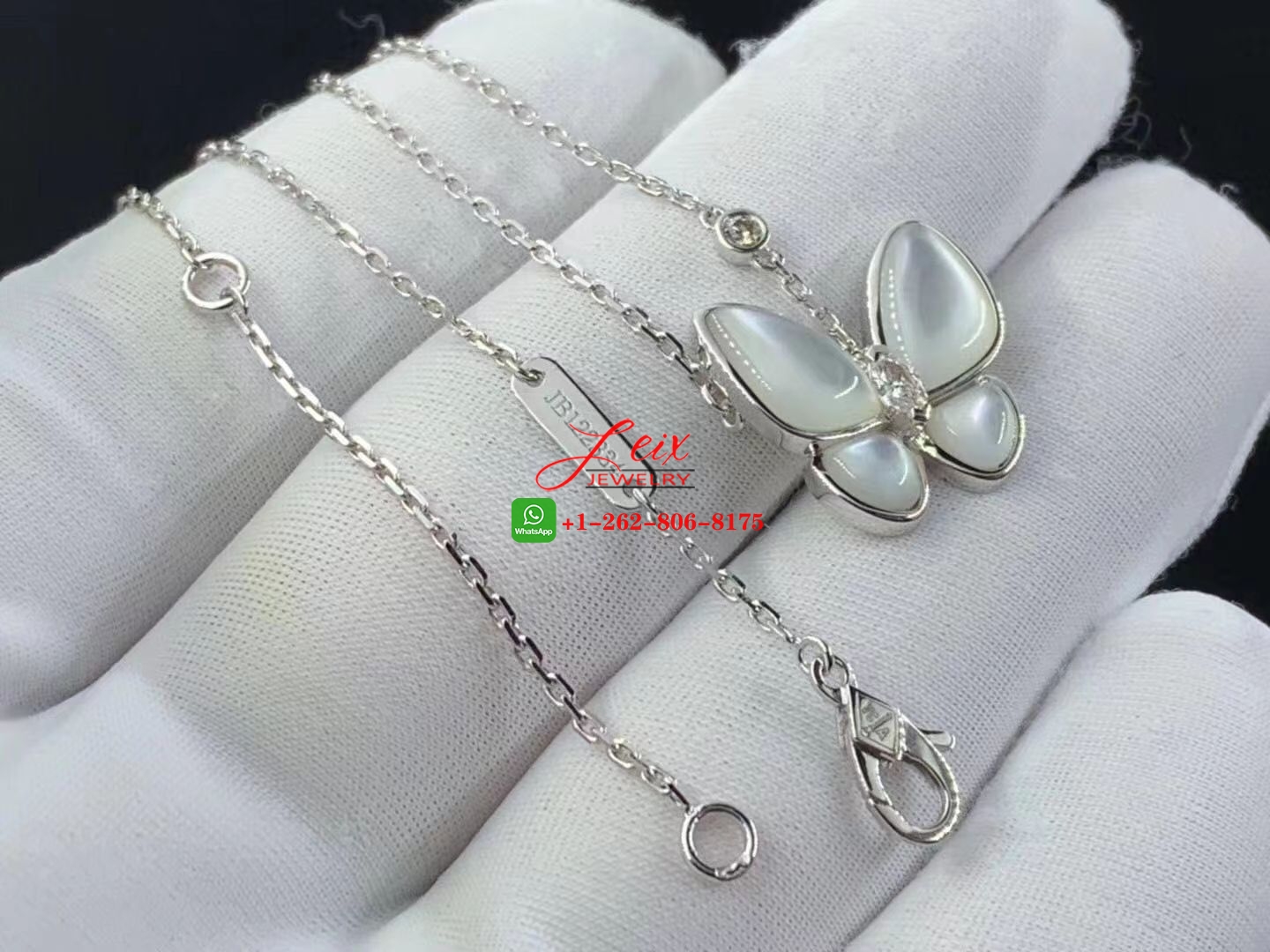 Van Cleef Two Butterfly 18K White Gold Mother of Pearl & Diamond Pendant Necklace (4) Van Cleef Two Butterfly 18K White Gold Mother of Pearl & Diamond Pendant Necklace