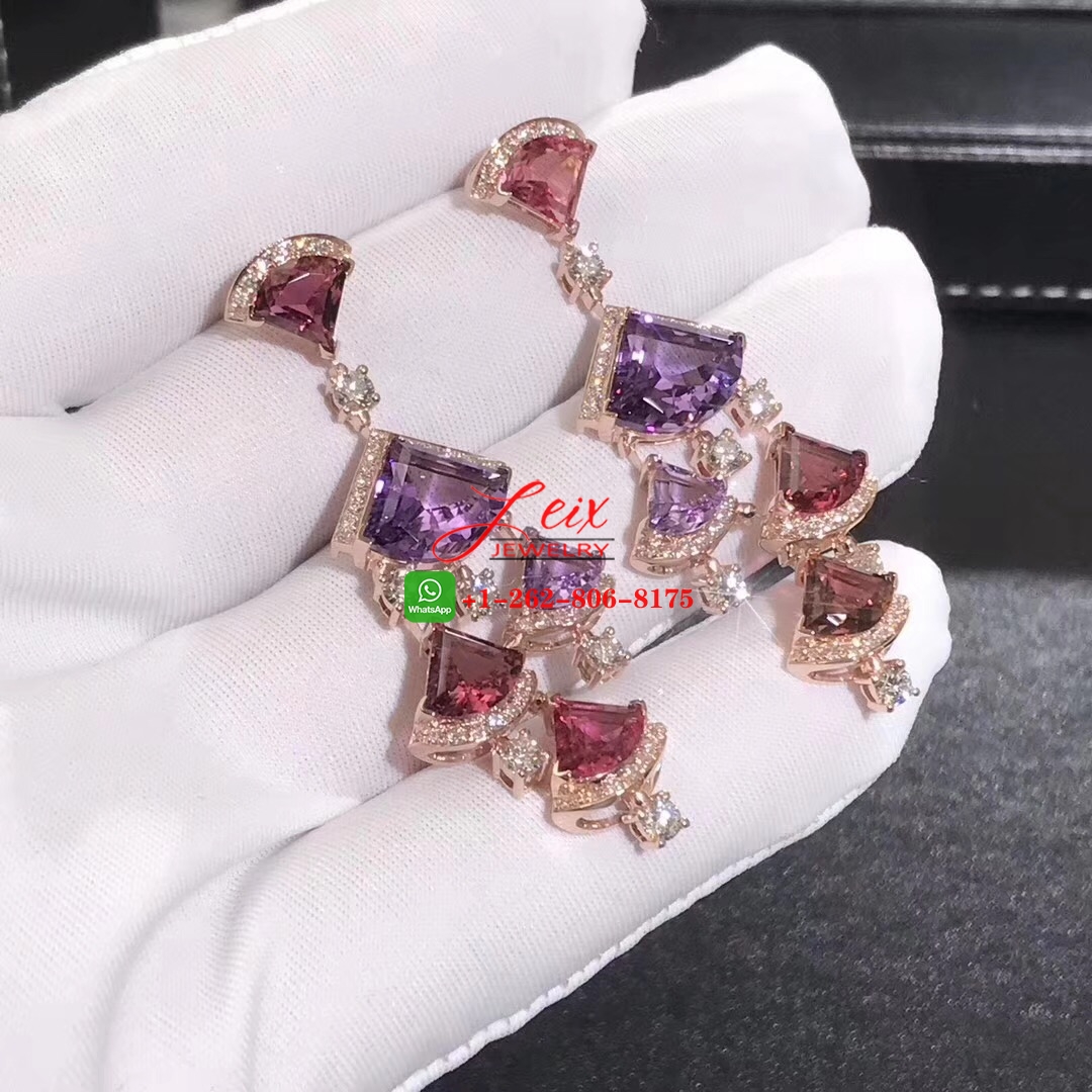 Bulgari Divas Dream 18K Rose Gold Pink Rubellite, Amethysts and Pave Diamonds Earrings (4) Bulgari Divas Dream 18K Rose Gold Pink Rubellite, Amethysts and Pave Diamonds Earrings