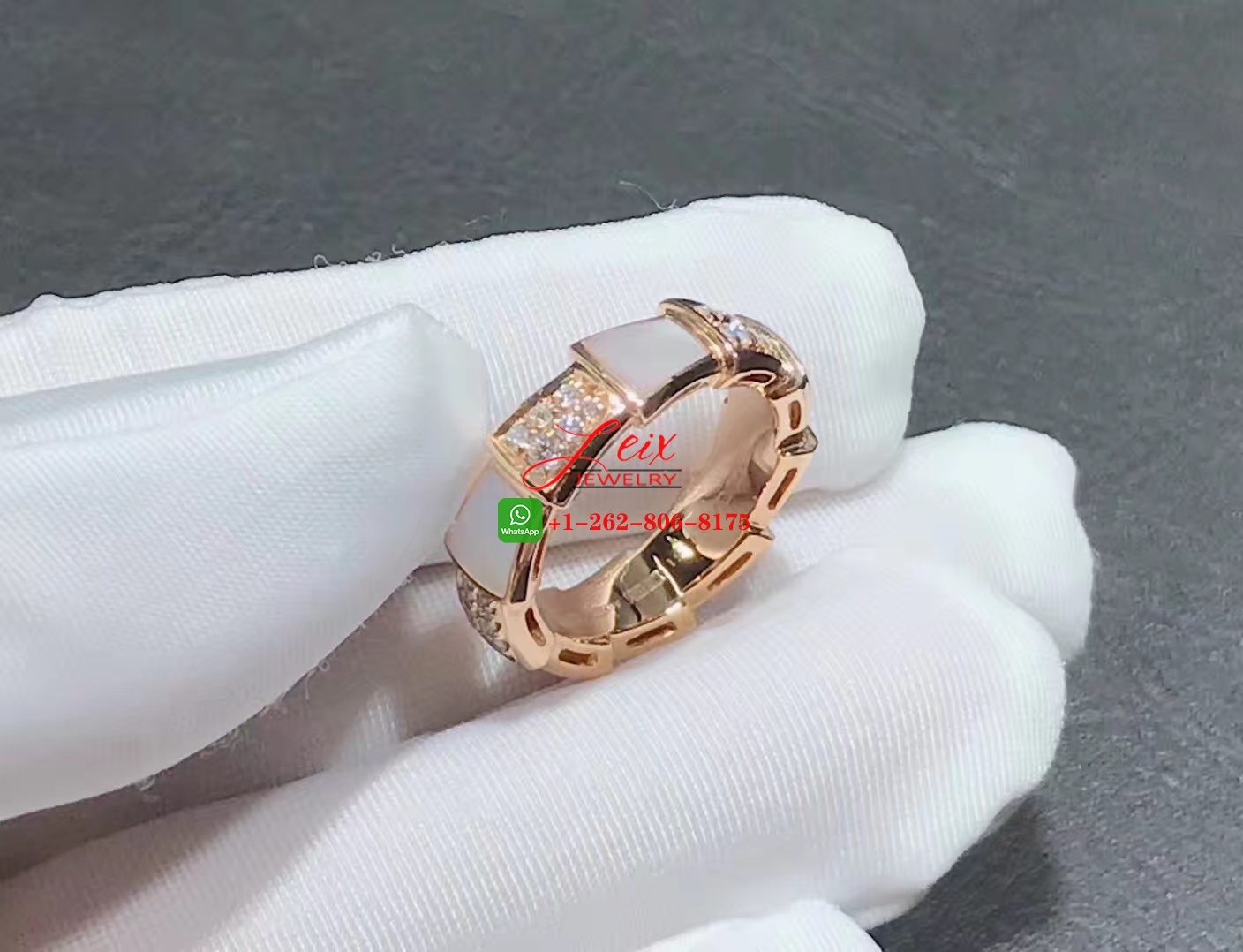 Bulgari Serpenti Viper 18k Rose Gold Diamond & Mother-of-Pearl Band Ring (1) Bulgari Serpenti Viper 18k Rose Gold Diamond & Mother-of-Pearl Band Ring