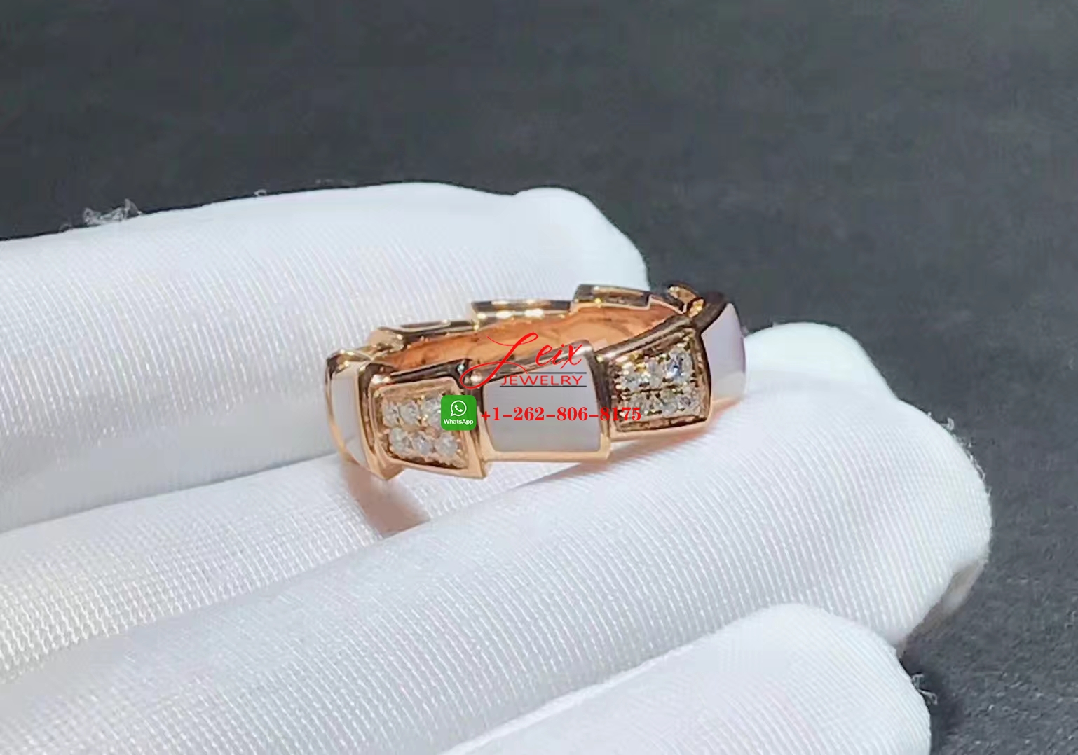 Bulgari Serpenti Viper 18k Rose Gold Diamond & Mother-of-Pearl Band Ring (3) Bulgari Serpenti Viper 18k Rose Gold Diamond & Mother-of-Pearl Band Ring