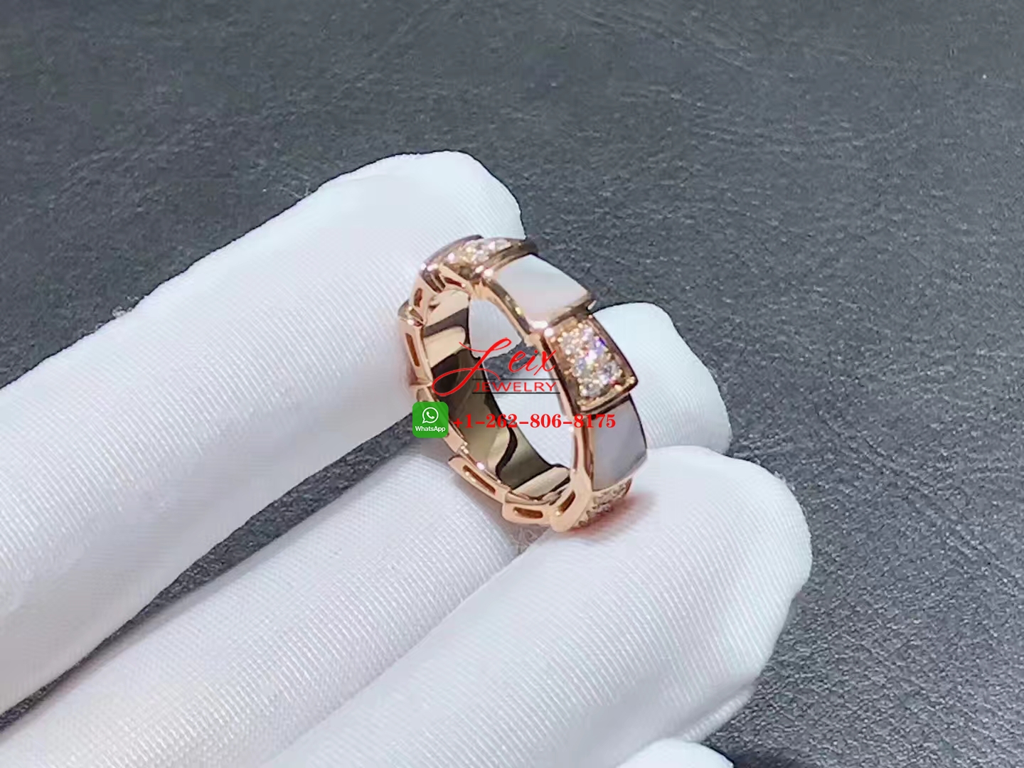 Bulgari Serpenti Viper 18k Rose Gold Diamond & Mother-of-Pearl Band Ring (4) Bulgari Serpenti Viper 18k Rose Gold Diamond & Mother-of-Pearl Band Ring