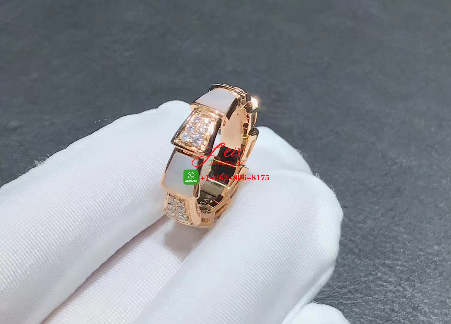 Bulgari Serpenti Viper 18k Rose Gold Diamond & Mother-of-Pearl Band Ring (6) Bulgari Serpenti Viper 18k Rose Gold Diamond & Mother-of-Pearl Band Ring