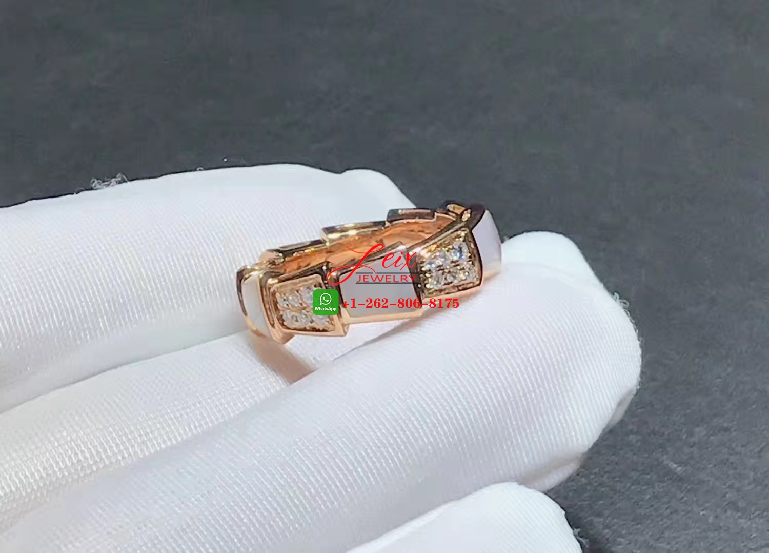 Bulgari Serpenti Viper 18k Rose Gold Diamond & Mother-of-Pearl Band Ring Bulgari Serpenti Viper 18k Rose Gold Diamond & Mother-of-Pearl Band Ring