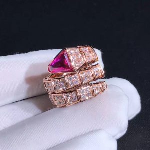 Bvlgari 18k Rose Gold Full Pavé Diamonds and a Rubellite Serpenti Viper Two-coil Ring