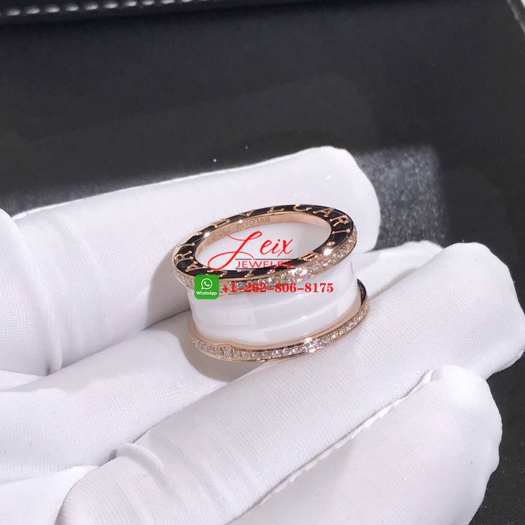 Bvlgari B.Zero1 White Ceramic Pave Diamond 18K Rose Gold 4-Band Ring (1) Bvlgari B.Zero1 White Ceramic Pave Diamond 18K Rose Gold 4-Band Ring