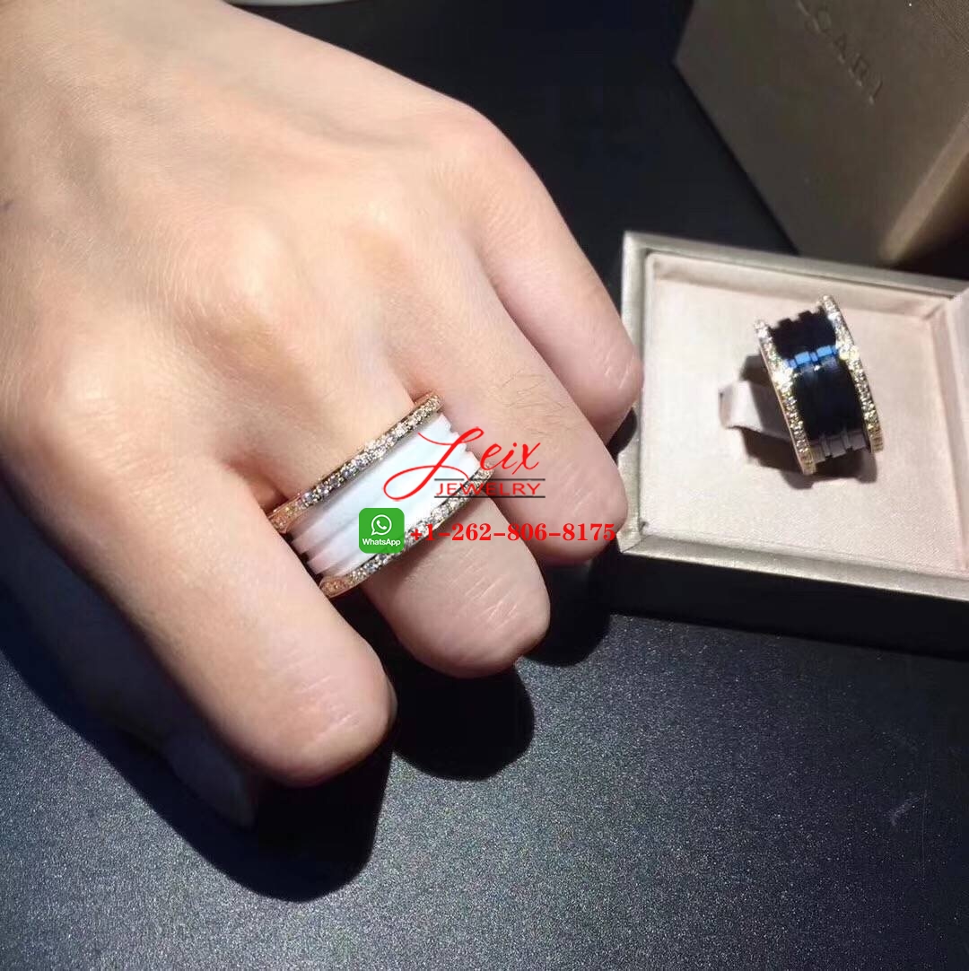 Bvlgari B.Zero1 White Ceramic Pave Diamond 18K Rose Gold 4-Band Ring (2) Bvlgari B.Zero1 White Ceramic Pave Diamond 18K Rose Gold 4-Band Ring