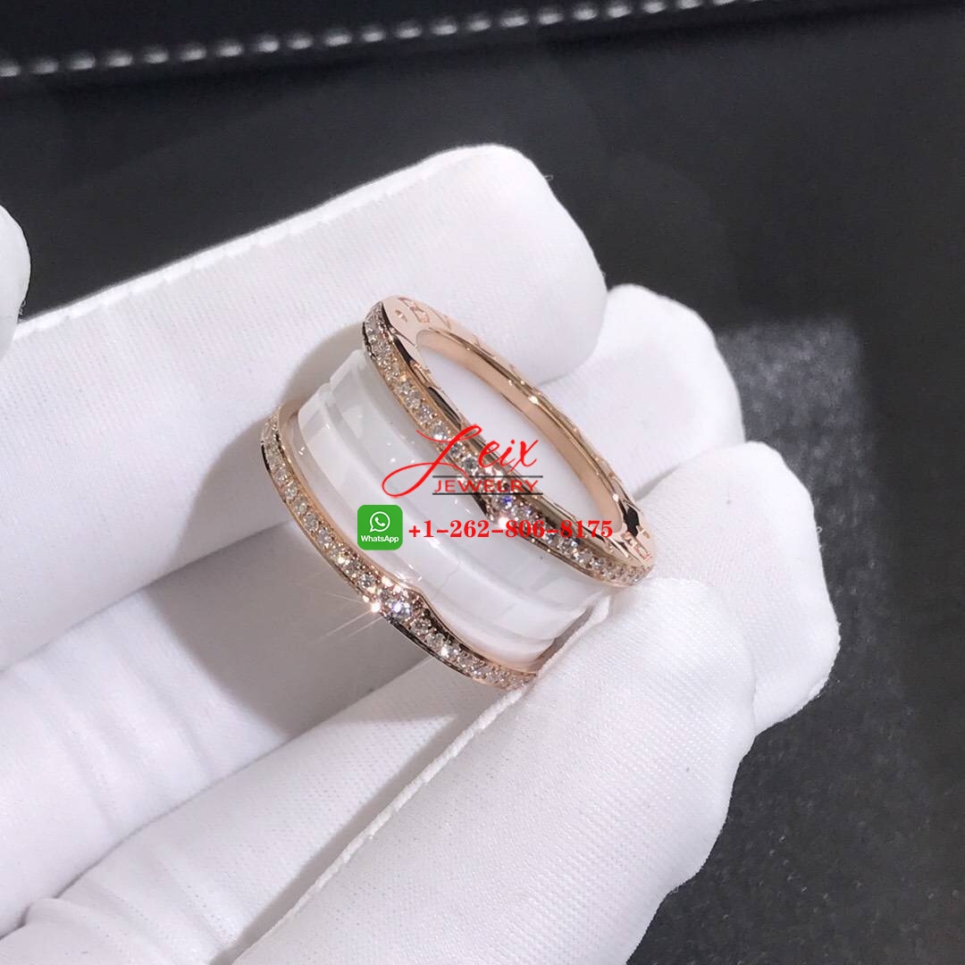 Bvlgari B.Zero1 White Ceramic Pave Diamond 18K Rose Gold 4-Band Ring (3) Bvlgari B.Zero1 White Ceramic Pave Diamond 18K Rose Gold 4-Band Ring