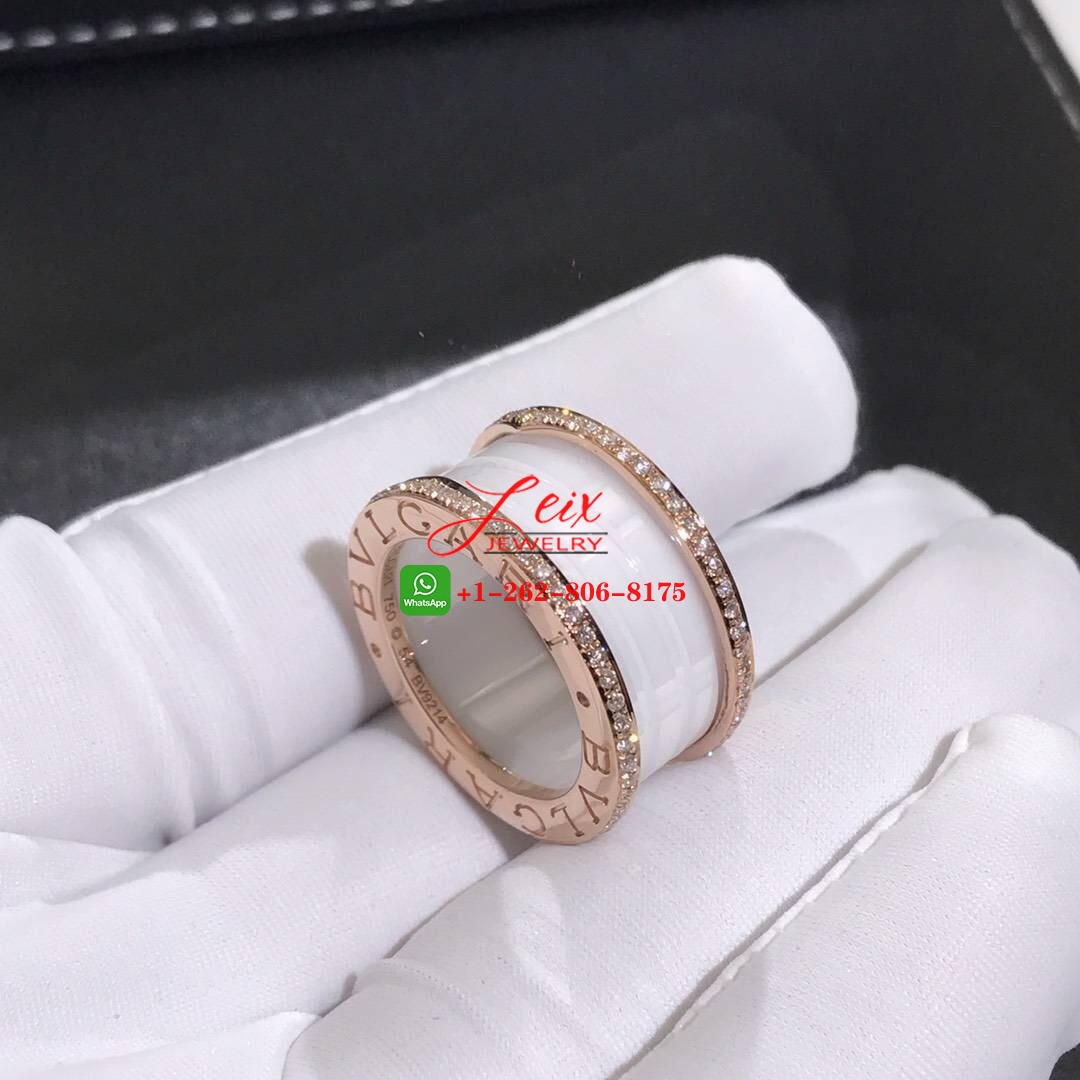 Bvlgari B.Zero1 White Ceramic Pave Diamond 18K Rose Gold 4-Band Ring (4) Bvlgari B.Zero1 White Ceramic Pave Diamond 18K Rose Gold 4-Band Ring