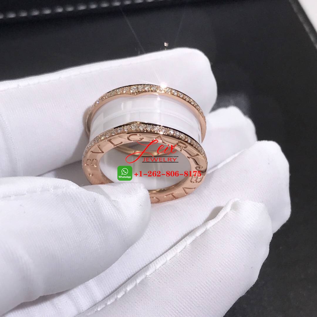 Bvlgari B.Zero1 White Ceramic Pave Diamond 18K Rose Gold 4-Band Ring (5) Bvlgari B.Zero1 White Ceramic Pave Diamond 18K Rose Gold 4-Band Ring