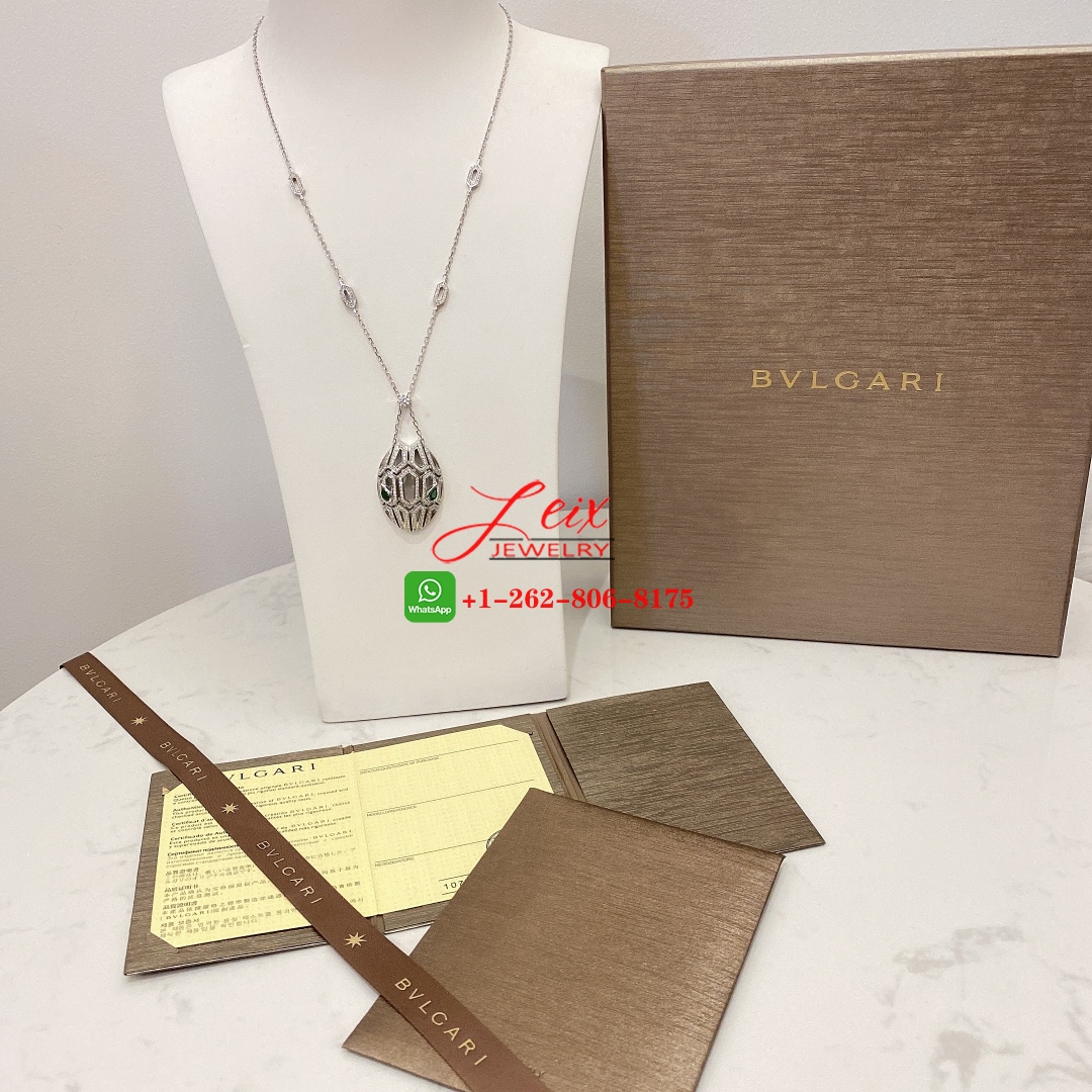 Bvlgari Serpenti 18K White Gold Diamonds and Emeralds Eyes Snake Pendant Necklace (1) Bvlgari Serpenti 18K White Gold Diamonds and Emeralds Eyes Snake Pendant Necklace