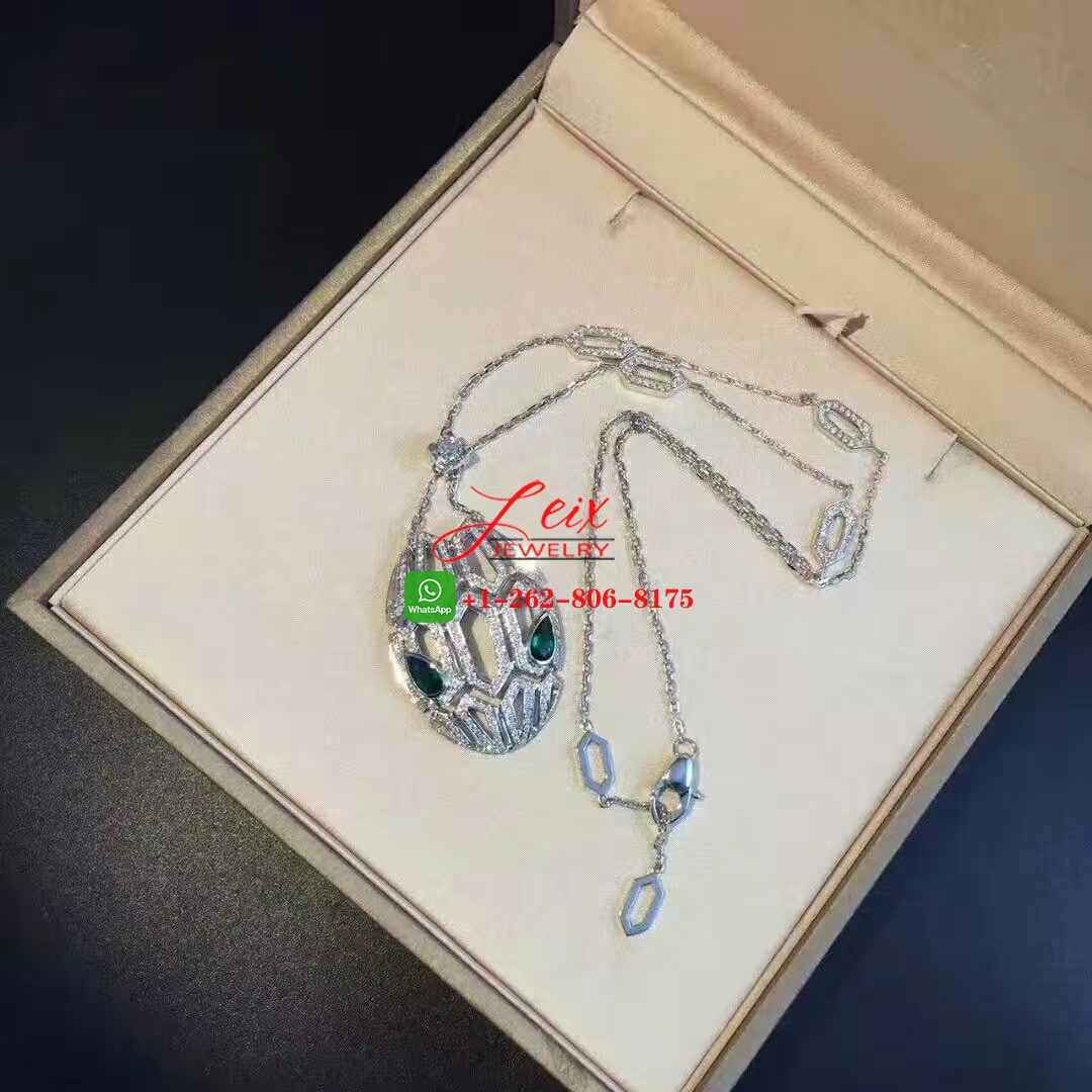 Bvlgari Serpenti 18K White Gold Diamonds and Emeralds Eyes Snake Pendant Necklace (2) Bvlgari Serpenti 18K White Gold Diamonds and Emeralds Eyes Snake Pendant Necklace