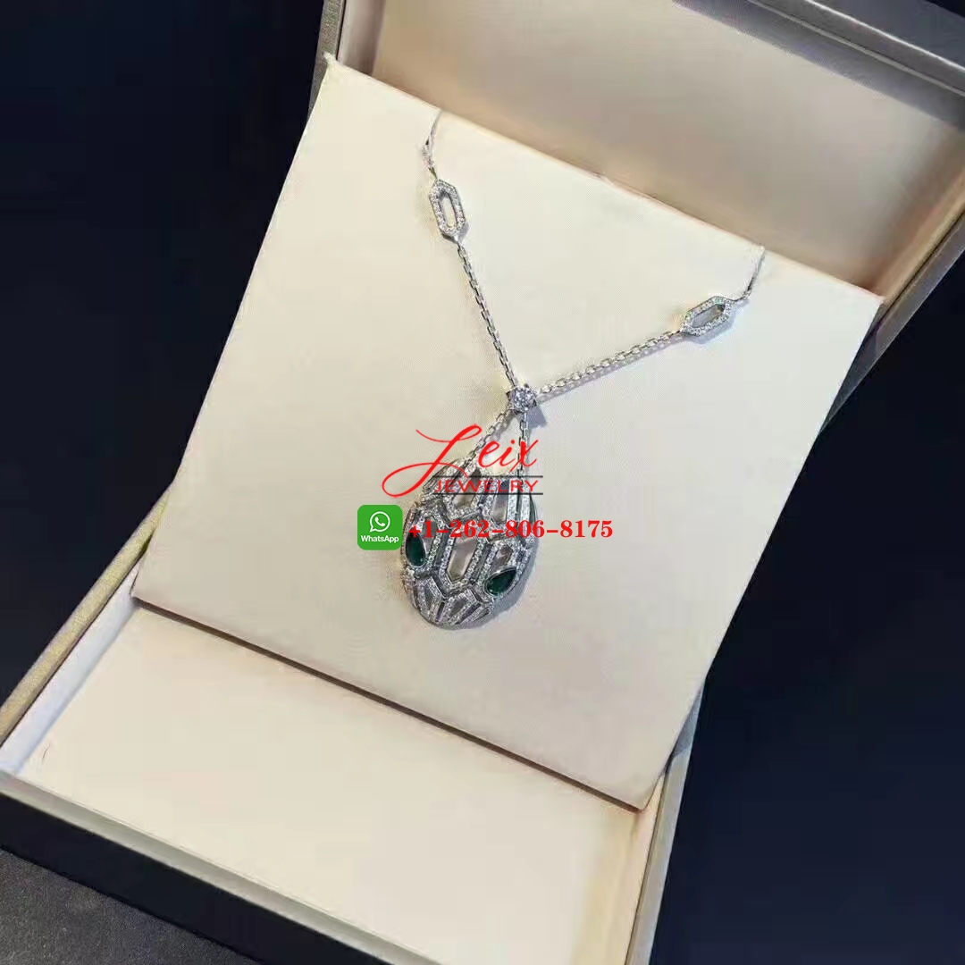 Bvlgari Serpenti 18K White Gold Diamonds and Emeralds Eyes Snake Pendant Necklace (3) Bvlgari Serpenti 18K White Gold Diamonds and Emeralds Eyes Snake Pendant Necklace