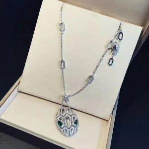 Bvlgari Serpenti 18K White Gold Diamonds and Emeralds Eyes Snake Pendant Necklace