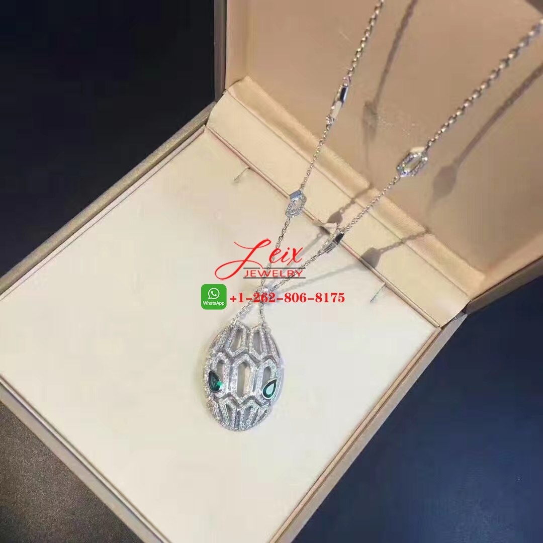 Bvlgari Serpenti 18K White Gold Diamonds and Emeralds Eyes Snake Pendant Necklace (4) Bvlgari Serpenti 18K White Gold Diamonds and Emeralds Eyes Snake Pendant Necklace