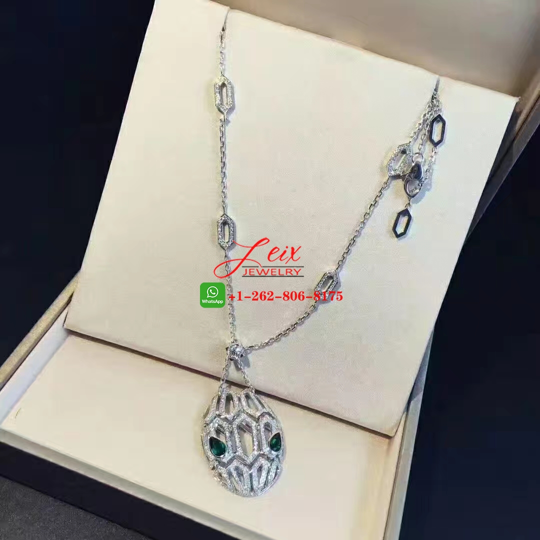 Bvlgari Serpenti 18K White Gold Diamonds and Emeralds Eyes Snake Pendant Necklace Bvlgari Serpenti 18K White Gold Diamonds and Emeralds Eyes Snake Pendant Necklace