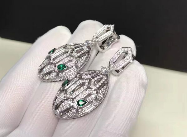 Bvlgari Serpenti 18k White Gold Full Pavé Diamonds Emerald Eyes Earrings