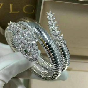 Bvlgari Serpenti High Jewellery Diamond & Emerald 18k White Gold Two-coil Bracelet