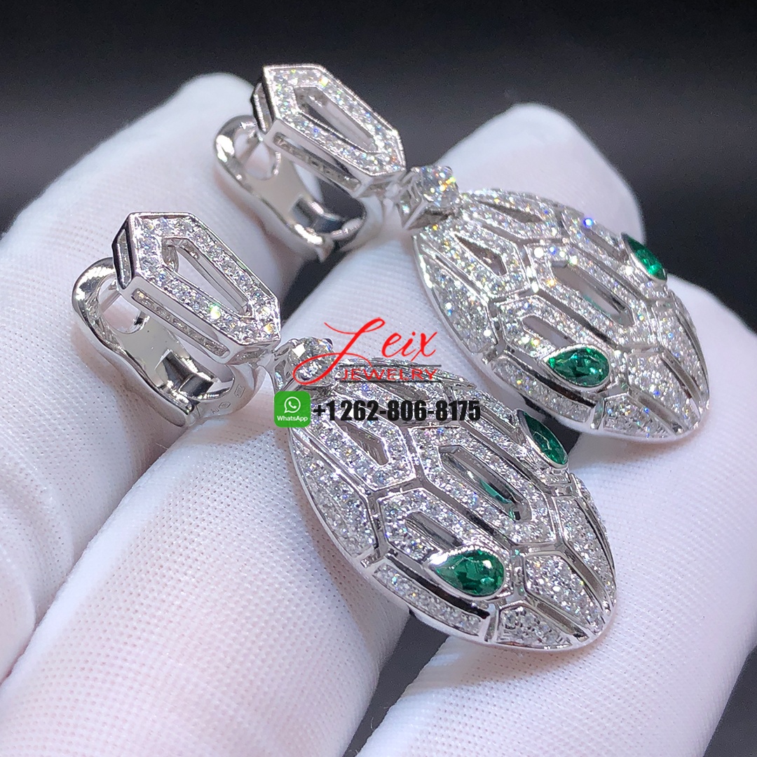 Bvlgari Serpenti Seduttori 18K White Gold Full Diamond Paved Emerald Snake Head Drop Earrings (1) Bvlgari Serpenti Seduttori 18K White Gold Full Diamond Paved Emerald Snake Head Drop Earrings
