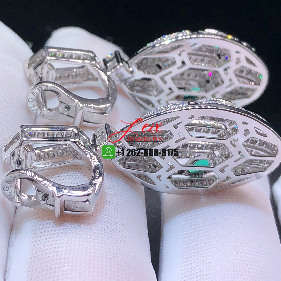 Bvlgari Serpenti Seduttori 18K White Gold Full Diamond Paved Emerald Snake Head Drop Earrings (2) Bvlgari Serpenti Seduttori 18K White Gold Full Diamond Paved Emerald Snake Head Drop Earrings