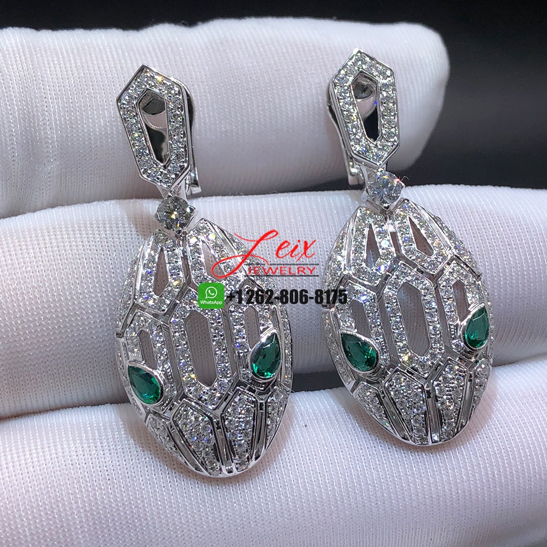 Bvlgari Serpenti Seduttori 18K White Gold Full Diamond Paved Emerald Snake Head Drop Earrings Bvlgari Serpenti Seduttori 18K White Gold Full Diamond Paved Emerald Snake Head Drop Earrings