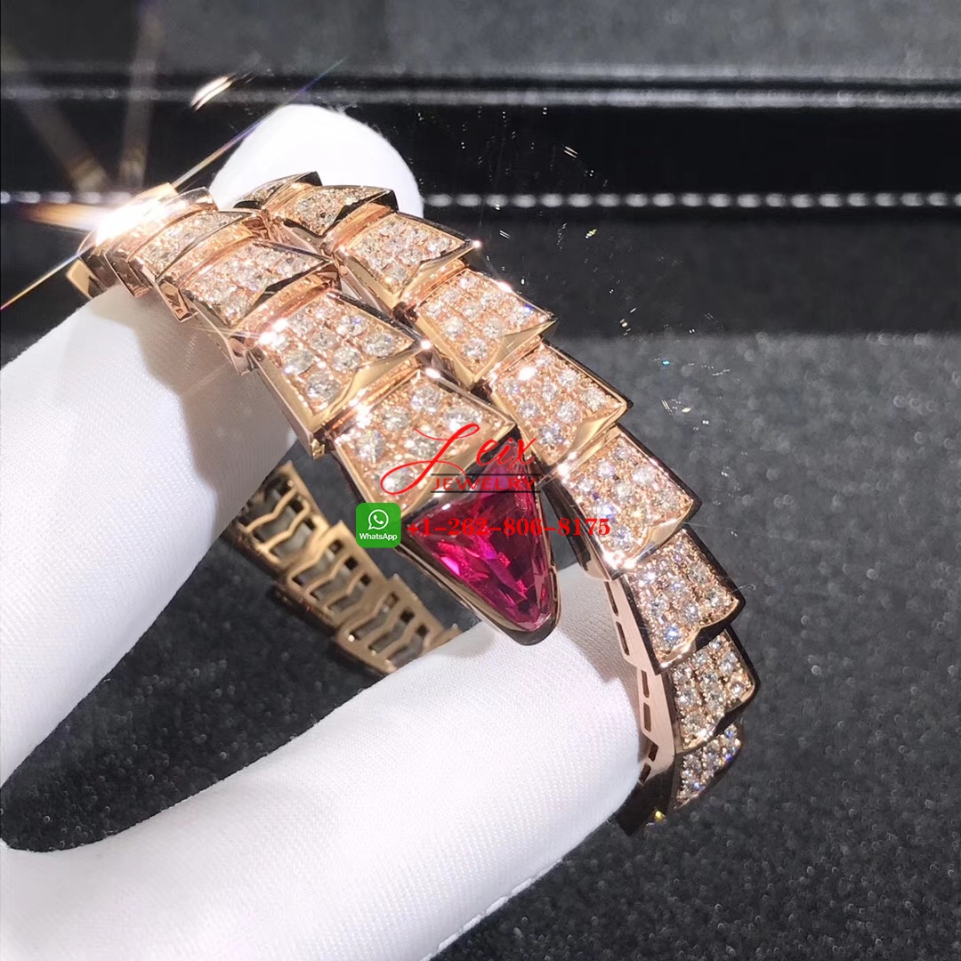 Bvlgari Serpenti Viper 18k Rose Gold Full Pavé Piamonds and Rubellite One-coil Bracelet (1) Bvlgari Serpenti Viper 18k Rose Gold Full Pavé Piamonds and Rubellite One-coil Bracelet