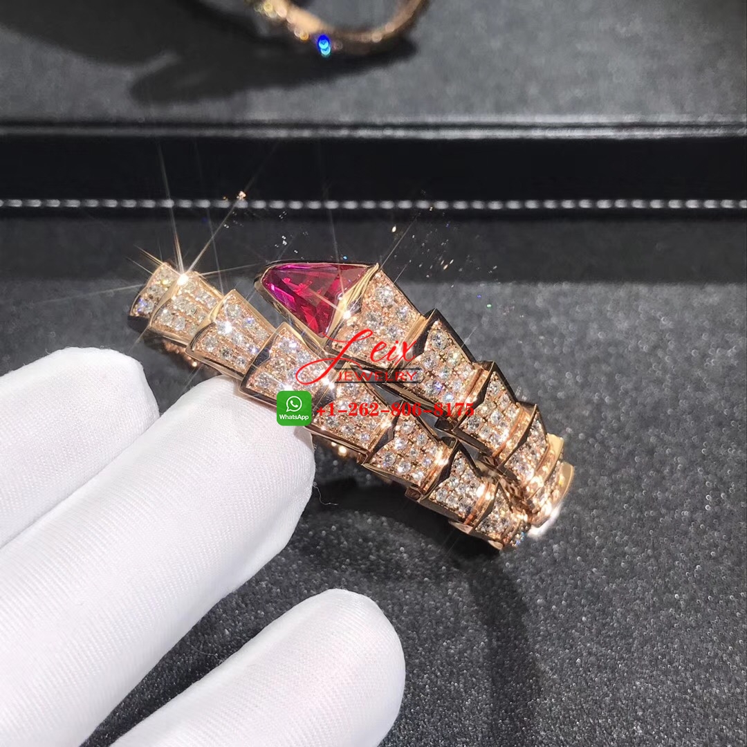 Bvlgari Serpenti Viper 18k Rose Gold Full Pavé Piamonds and Rubellite One-coil Bracelet (2) Bvlgari Serpenti Viper 18k Rose Gold Full Pavé Piamonds and Rubellite One-coil Bracelet