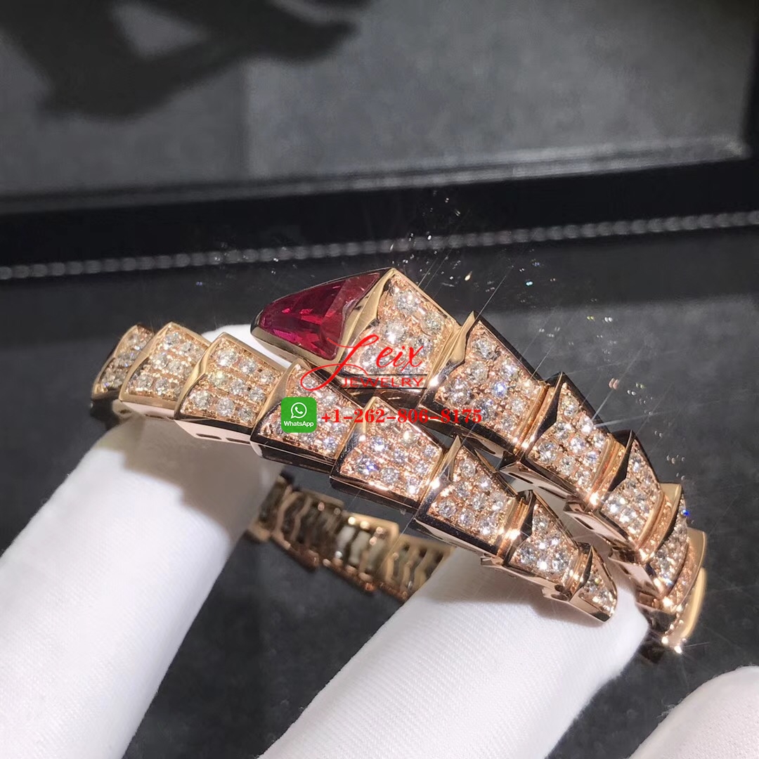 Bvlgari Serpenti Viper 18k Rose Gold Full Pavé Piamonds and Rubellite One-coil Bracelet (3) Bvlgari Serpenti Viper 18k Rose Gold Full Pavé Piamonds and Rubellite One-coil Bracelet