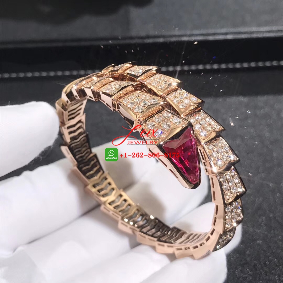 Bvlgari Serpenti Viper 18k Rose Gold Full Pavé Piamonds and Rubellite One-coil Bracelet (4) Bvlgari Serpenti Viper 18k Rose Gold Full Pavé Piamonds and Rubellite One-coil Bracelet