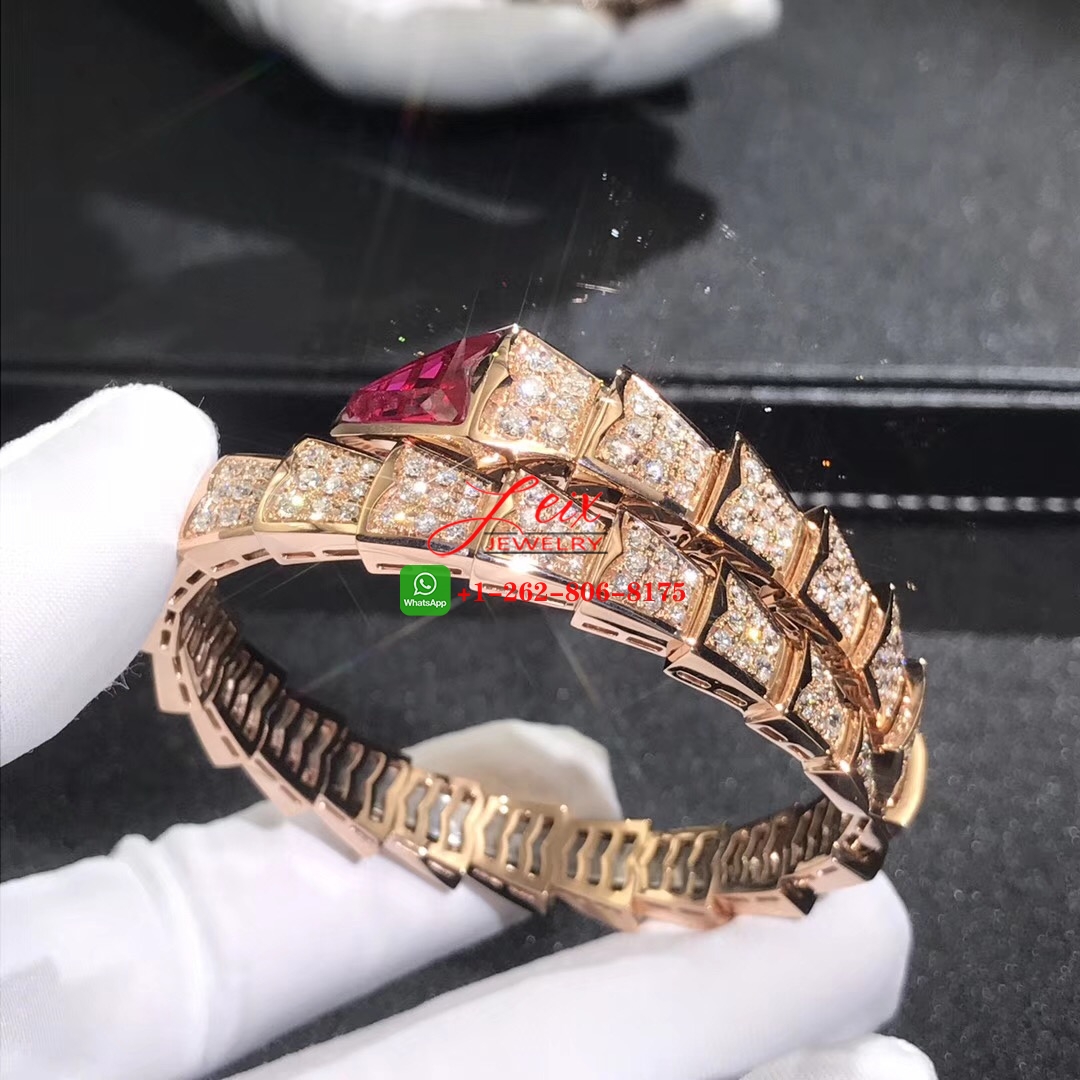 Bvlgari Serpenti Viper 18k Rose Gold Full Pavé Piamonds and Rubellite One-coil Bracelet (5) Bvlgari Serpenti Viper 18k Rose Gold Full Pavé Piamonds and Rubellite One-coil Bracelet