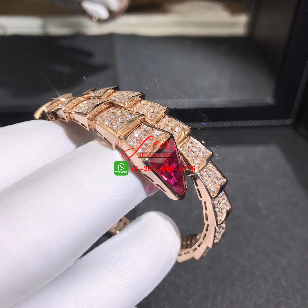 Bvlgari Serpenti Viper 18k Rose Gold Full Pavé Piamonds and Rubellite One-coil Bracelet (6) Bvlgari Serpenti Viper 18k Rose Gold Full Pavé Piamonds and Rubellite One-coil Bracelet