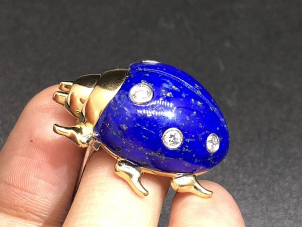 Custom Vintage Cartier 18k Yellow Gold and Platinum Lapis Lazuli Diamonds Ladybug Brooch Clip