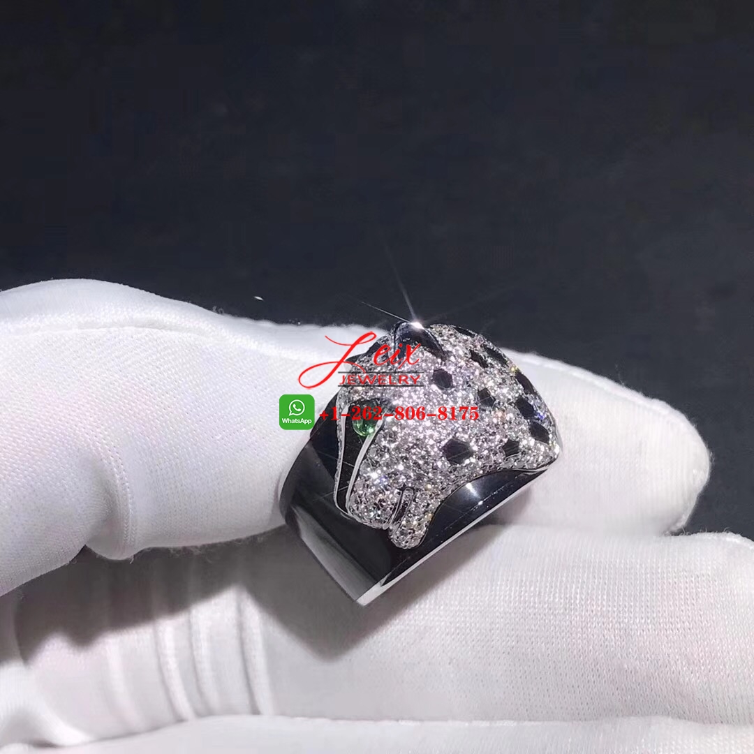 Panthère de Cartier 18k White Gold Black Lacquer, Emeralds, Onyx Diamonds Ring (3) Panthère de Cartier 18k White Gold Black Lacquer, Emeralds, Onyx Diamonds Ring